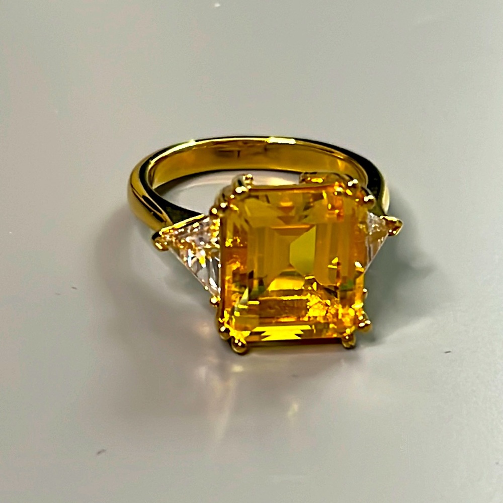 Gold Citrine and CZ Emerald and Trillion cut ring JTV